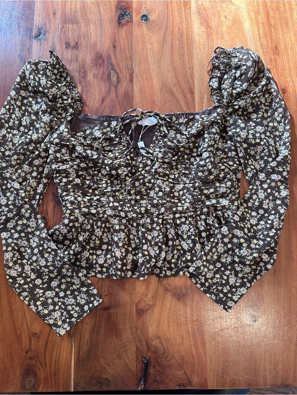Astr Brown Floral Puff-Sleeve Peplum Crop Top